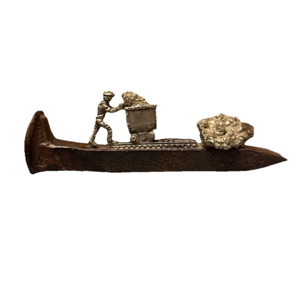 Vintage Miniature Miner Pushing Cart W/ Fools Gold On Railroad Iron Spike BROKEN